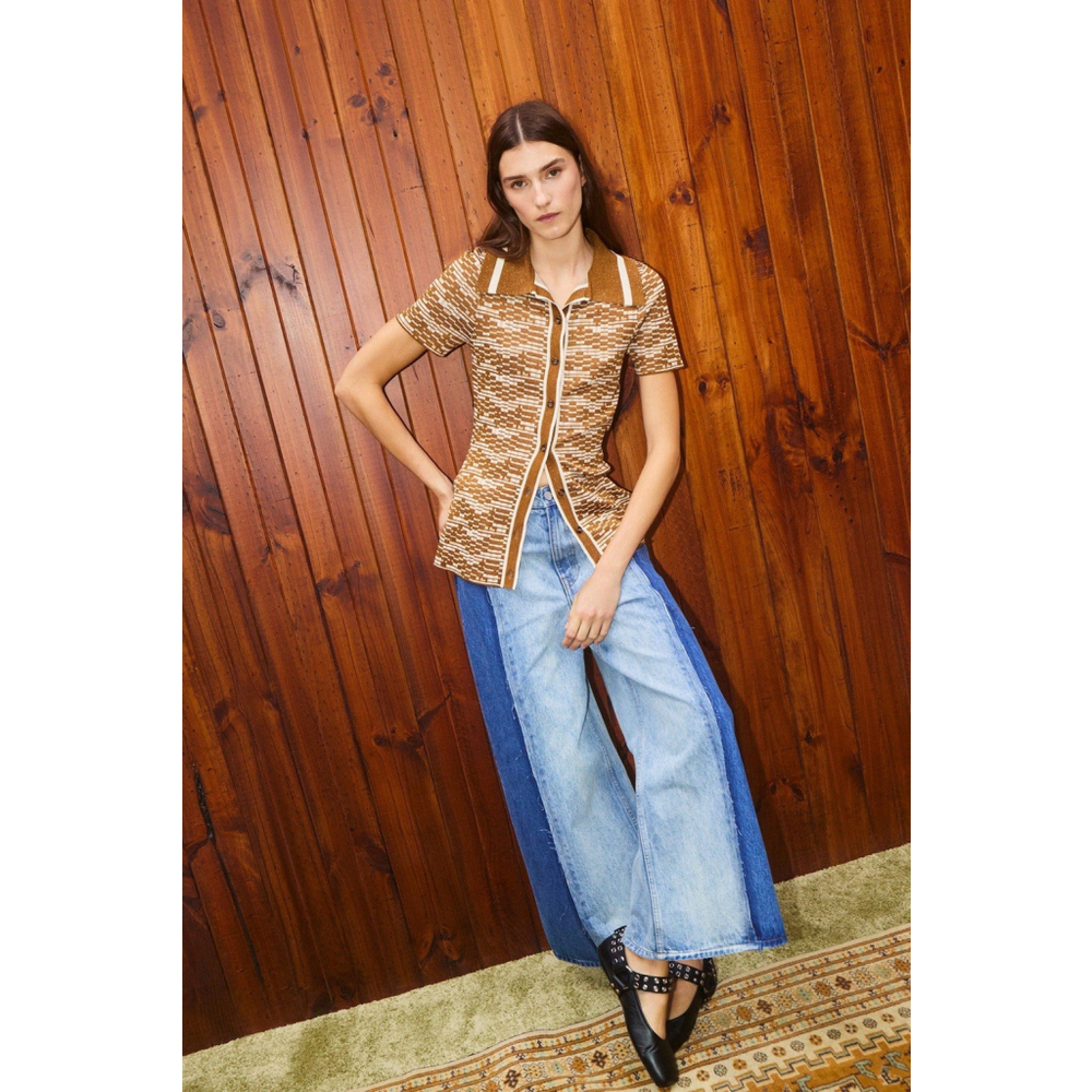 NWT Alemais Jacones Spliced Denim Jean Indigo Wide Leg Embroidered AU 10 US 6 - Picture 6 of 13